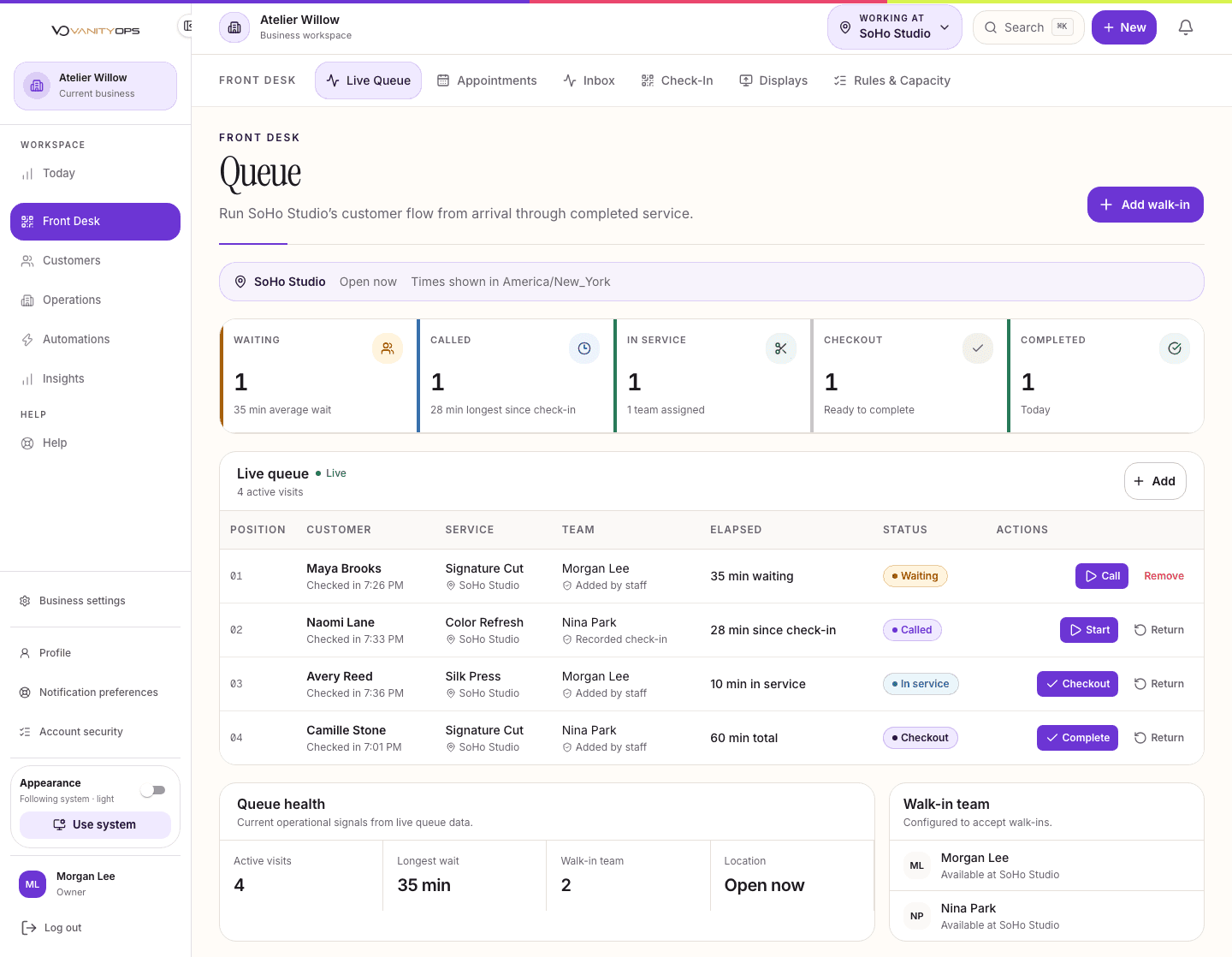 VanityOps Front Desk queue showing fictional visits, wait times, and locations